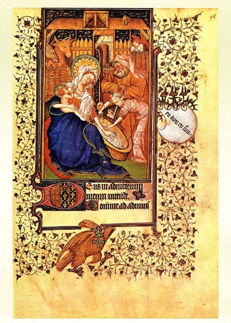 medieval art, Book of Hours, Illustrated manuscript, 15th Century art ,Nativity bath scene, prayer journal supplies, Christian art, prayer image 1