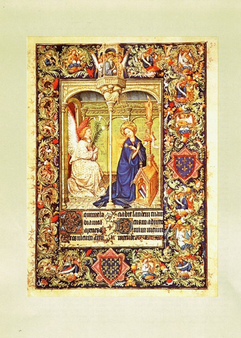 Book of Hours, Medieval art, Illustrated manuscript, 15th Century art,, The Annunciation, Christian art, holy family, Christmas art, image 1