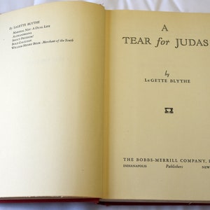 A tear for Judas, 1951 first ed., hard cover book, LeGette Blythe, Biblical Fiction, Novel, Fictional life of Judas image 3