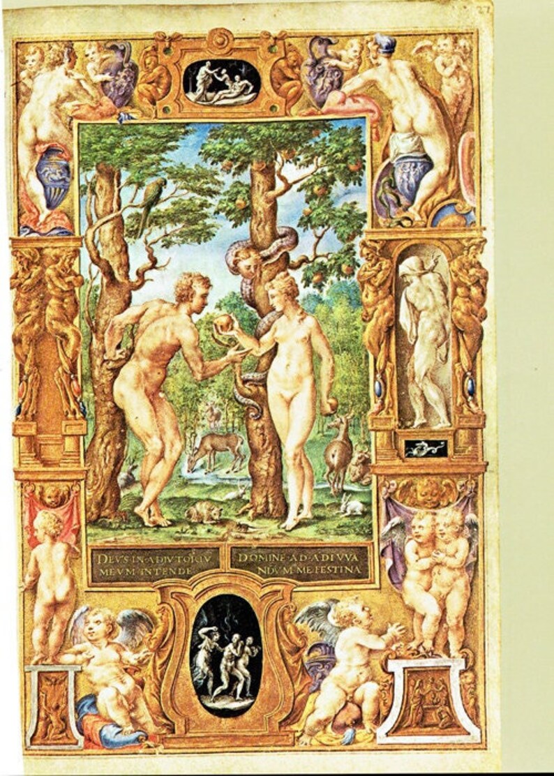 Medieval art,Book of Hours, Illustrated manuscript, 16th Century art,Fall of Man, Adam and Eve, Cardinal Alessandro Farnese prayer book imagem 1