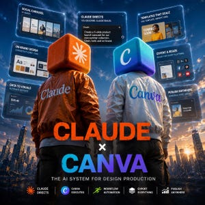 Op de afbeelding: Twee figuren staan voor een skyline, één draagt een oranje jas met een bijpassend oranje kubushoofd met een wit sterretje, de andere een lichtgrijze jas met een blauw kubushoofd met een witte C. De tekst luidt Claude x Canva.