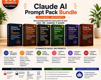 Claude AI Prompt Pack Ultimate Bundle — Alla 6-paket, 360-prompter för arbete, liv, kreativitet och tillväxt