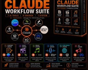 Puede incluir: Un gráfico promocional negro para The Complete Claude Workflow Suite 2026 Edition. Presenta un logotipo central de Claude conectado a siete herramientas de IA, seis categorías de motores y enumera beneficios como ahorrar tiempo y automatizar flujos.
