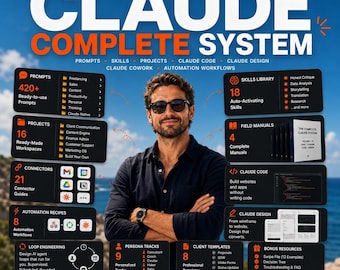 Claude AI komplett system | Handböcker, färdigheter, projekt, Claude Code, Claude Design, Claude Cowork, automatiseringsarbetsflöden | Digital nedladdning