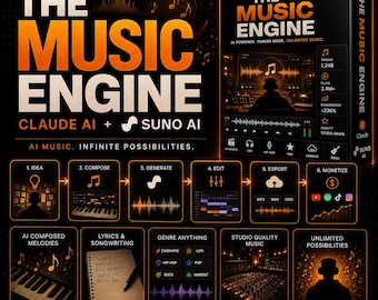 May include: A black and orange promotional box for The Music Engine 2026 Edition, featuring Claude AI and Suno AI. The design displays a six-step workflow, music production icons, and text highlighting AI-powered composition, lyrics, and studio-grade output.