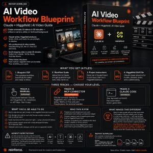 Puede incluir: Un conjunto de cajas de productos digitales titulado "AI Video Workflow Blueprint" de Claude y Higgsfield. La portada presenta una caja negra con el título, un portátil, una taza de café y una claqueta. El producto promete crear vídeos de IA en 30 minutos.