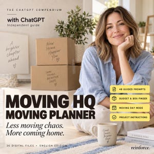 Op de afbeelding: De Moving HQ Moving Planner is een digitale gids met 48 begeleide prompts, een budget- en doosvinder, verhuisdagmodus en projectinstructies. De omslag toont de tekst Moving HQ Moving Planner, Less moving chaos. More coming home.