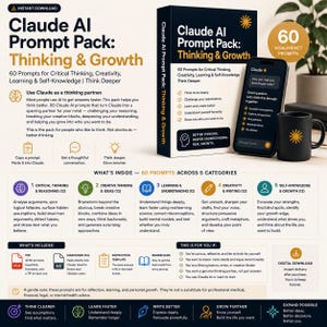 Può includere: Una confezione del prodotto e uno smartphone mostrano il testo "Claude AI Prompt Pack: Thinking & Growth". Il pacchetto offre 60 prompt per il pensiero critico, la creatività e la conoscenza di sé. È visibile anche una tazza nera con un logo a stella e un'icona di download digitale.