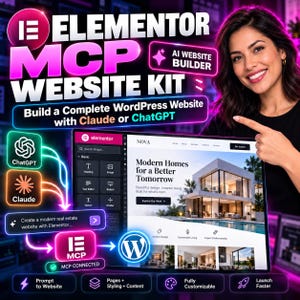 May include: A digital graphic for an Elementor MCP website kit featuring text that reads Elementor MCP Website Kit, AI Website Builder, and Build a Complete WordPress Website with Claude or ChatGPT, alongside a screen showing a website design.