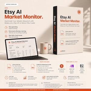 Pode incluir: Imagem promocional para Etsy AI Market Monitor, um produto digital. A imagem apresenta um laptop exibindo dados, uma caneca e uma caixa de produto. O texto destaca a automação, dados reais e recursos de pesquisa semanal para vendedores Etsy.