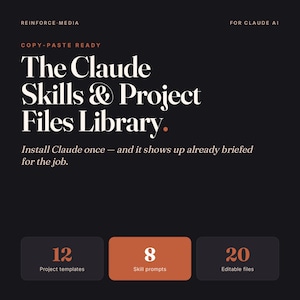 May include: A dark background with white text that reads "The Claude Skills & Project Files Library." Below are three boxes with the numbers 12, 8, and 20, representing project templates, skill prompts, and editable files.
