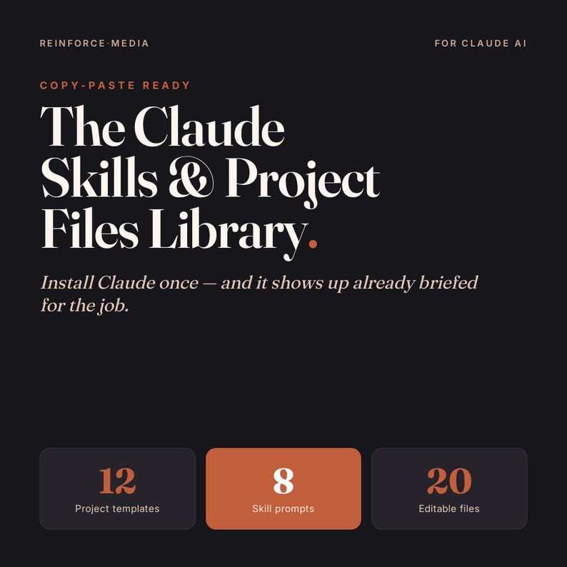 May include: A dark background with white text that reads "The Claude Skills & Project Files Library." Below are three boxes with the numbers 12, 8, and 20, representing project templates, skill prompts, and editable files.