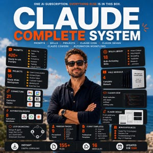 Op de afbeelding: Een digitale infographic getiteld CLAUDE COMPLETE SYSTEM met een centraal figuur met gekruiste armen. De lay-out toont tekstvakken met details over 420+ prompts, 16 projecten, 21 connector-gidsen, 8 automatiseringsrecepten, 18 vaardigheden en 4 handleidingen.