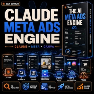 Może przedstawiać: Czarne pudełko produktu cyfrowego zatytułowane The AI Meta Ads Engine 2026 Edition. Grafika przedstawia schemat przepływu pracy z ikonami dla Claude, Ad Research, Winning Angles, Ad Creative Generation, Campaign Setup, Meta Ad Distribution oraz Sales.