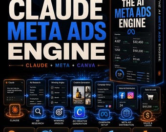 May include: A black digital product box titled The AI Meta Ads Engine 2026 Edition. The graphic displays a workflow diagram with icons for Claude, Ad Research, Winning Angles, Ad Creative Generation, Campaign Setup, Meta Ad Distribution, and Sales.