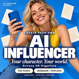 Puede incluir: Un curso digital titulado AI INFLUENCER con el subtítulo Your character. Your world. Runway OR Higgsfield. El gráfico incluye el texto AI CREATOR STUDIO, 123 PAGES, WORKBOOK + TEMPLATES y ENGLISH DIGITAL COURSE sobre un fondo azul.