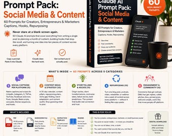 Claude AI Prompt Pack: Sociala medier och innehåll — 60 prompter för kreatörer, entreprenörer och marknadsförare | Textning, Hooks, Återanvändning