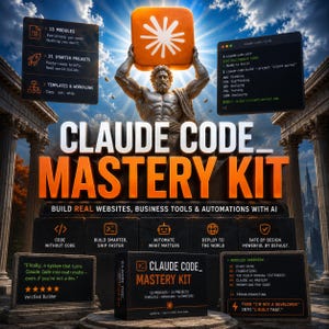 Op de afbeelding: Een Claude Code Mastery Kit productdisplay met een standbeeld dat een oranje icoon vasthoudt, omringd door tekstpanelen met 13 modules, 21 startersprojecten en workflow-sjablonen. De centrale doos is gelabeld als Claude Code Mastery Kit.