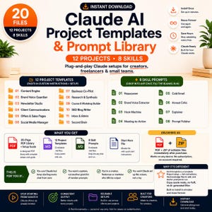 Può includere: Annuncio per Claude AI Project Templates & Prompt Library. L'immagine presenta 12 modelli di progetto, 8 prompt di abilità e icone che indicano il download immediato e le funzionalità riutilizzabili. Il design utilizza arancione, bianco e nero.