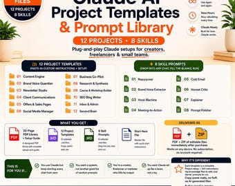 Claude AI-projektmallar och promptbibliotek | 12 anpassade Claude-projekt + 8 färdighetsprompter | Redigerbara filer + PDF | Direktnedladdning