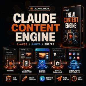 Op de afbeelding: Een digitale productdoos getiteld The AI Content Engine 2026 Edition, met een workflowdiagram met iconen voor Claude, contentgeneratie, Canva-ontwerp, Buffer-publicatie en social media distributie, uitgevoerd in oranje en blauw.