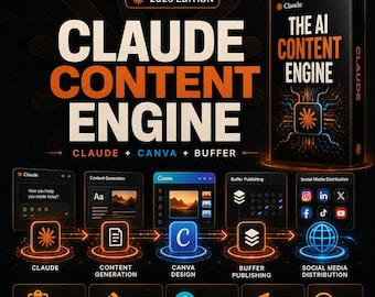 AI-innehållsmotor | Claude + Canva + Buffer-arbetsflöde | Guide till automatisering av innehåll i sociala medier + Claude-projektmall | Digital nedladdning