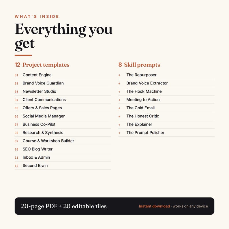 May include: Cream-colored graphic with the text "Everything you get." Lists 12 project templates and 8 skill prompts. Includes "20-page PDF + 20 editable files" and "Instant download - works on any device."