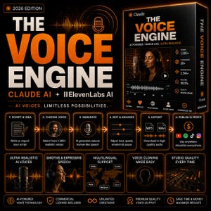 Könnte beinhalten: Eine schwarze und orangefarbene Werbebox für The Voice Engine 2026 Edition von Claude AI und ElevenLabs AI. Die Verpackung zeigt eine Person mit Kopfhörern, ein Mikrofon und ein sechsstufiges Arbeitsablaufdiagramm für KI-Stimmen.