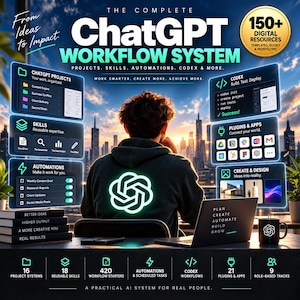 Może przedstawiać: Cyfrowa grafika produktowa zatytułowana The Complete ChatGPT Workflow System przedstawiająca osobę w bluzie z kapturem z świecącym logo, otoczoną unoszącymi się panelami szczegółowo opisującymi projekty, umiejętności, automatyzacje i wtyczki.
