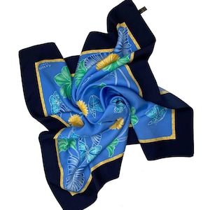 LANVIN PARIS 100% silk blue floral scarf/ butterfly printed scarf/ large square scarf/ made in Italy/ 90 cm/ 35 in