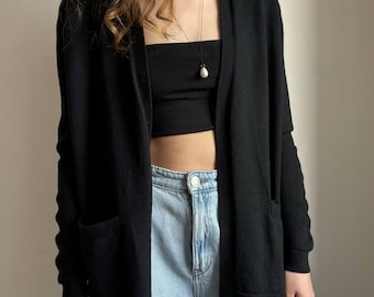 SANDRO womens black open front cardigan/ merino wool knitwear/ avant garge clothing/ authentic & vintage/ size 3 L