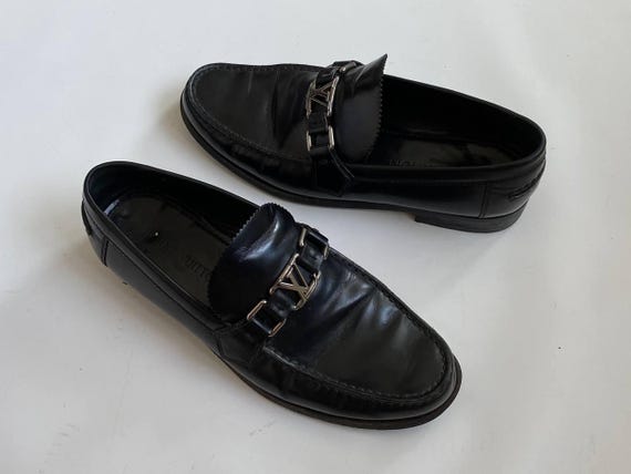 Louis Vuitton, LOUIS VUITTON black leather loafers/ wedding mens shoes/ LV metal logo/ authentic & vintage/ groomsman outfit/ fathers day gift/ uk 7 us 8