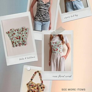 May include: A collection of fashion items, including a zebra-print camisole, a cherry knit top, a floral corset, and a floral handbag. The image also includes the text "Dolce & Gabbana", "cherry knit top", "roses floral corset", and "SEE MORE ITEMS IN MY STORE".