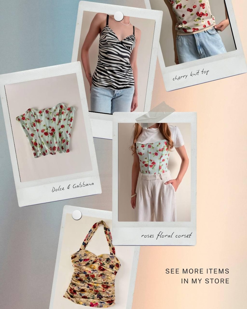 May include: A collection of fashion items, including a zebra-print camisole, a cherry knit top, a floral corset, and a floral handbag. The image also includes the text "Dolce & Gabbana", "cherry knit top", "roses floral corset", and "SEE MORE ITEMS IN MY STORE".