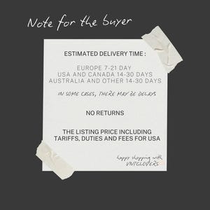 May include: A white paper with text, taped to a dark gray background. The text reads "Note for the Buyer" and includes information about delivery times and returns. The phrase "Happy shopping with VNTGLOVERS" is also present.