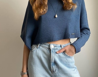 COP COPINE blue asymmetrical sweater/ merino wool cotton crop top/ vintage women clothing/ made in Portugal/ size S