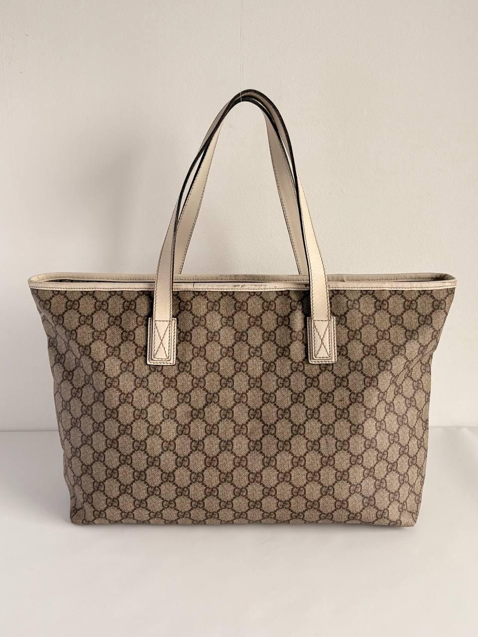 Gucci GG Monogram Large Tote Bag/ PVC Beige Canvas White Leather