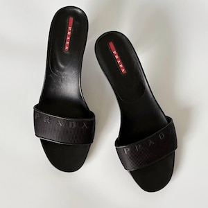 Authentic Prada Sport Kitten Heels Mules |  Black Logo Slide Sandals | Vintage Women’s Shoes | 38 US 8