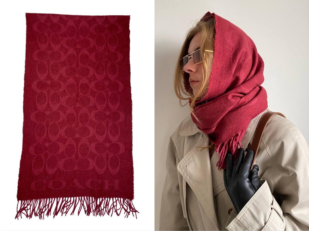 COACH women monogrammed wool scarf/ logo burgundy scarves/ fringe shawl/ Christmas in July/ authentic & vintage/ 20 * 77 in / 50 * 170 cm
