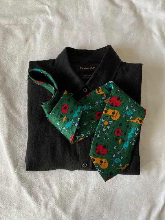 MOSCHINO 90s mens green silk neck tie/ playing cards casino pattern/ authentic & vintage/ made in Italy/ groomsmen outfit/ fathers day gift