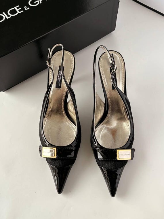 Dolce & Gabbana Pony Hair Slingback Heels: Black Patent Leather, Metal Logo, IT 38 US 8