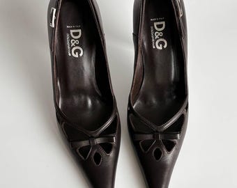 Authentic Dolce & Gabbana Cutout Bow Pumps | Dark Brown Leather Stiletto Heels | Pointed Toe | Luxury Women’s Shoes | 37 US 7