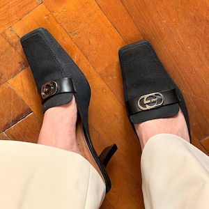GUCCI Tom Ford era black textile mules/ square toe gg kitten heels/ authentic & vintage/ made in Italy/ US 6 B EU 37
