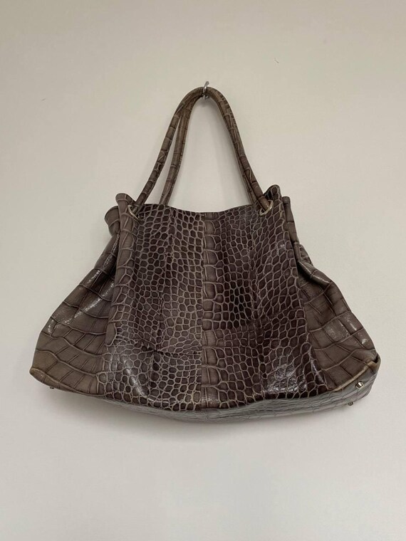 FURLA Croc Effect Leather Tote Bag/ Y2k Large Gray Handbag