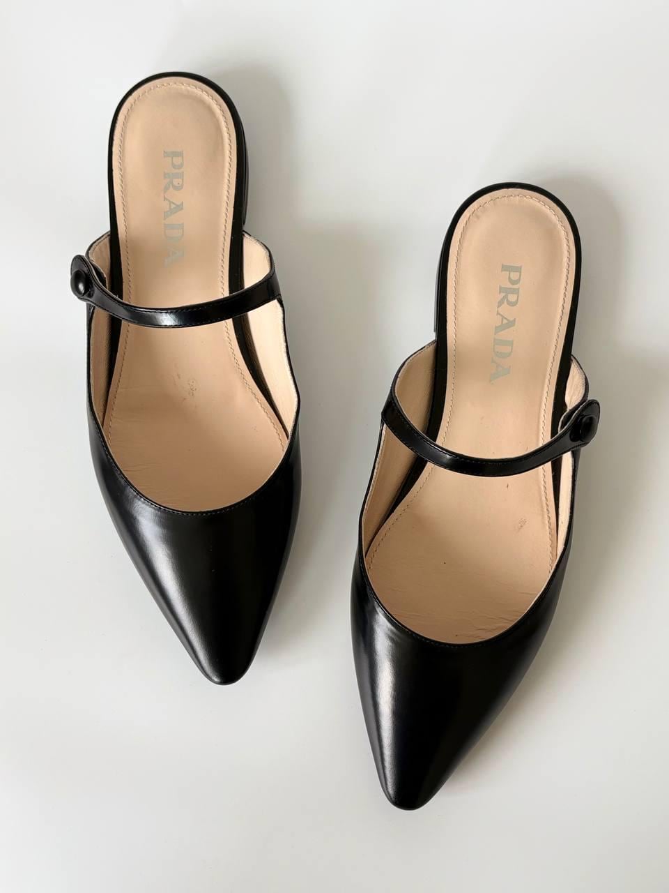 Authentic Prada Mary Jane Mule Flats | Black Leather Pointed Toe