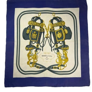 HERMES 1957 Briges de Gala 100% silk blue scarf/ original issue by Hugo Grygkar/ authentic and vintage/ Carre Hermes/ 90 cm/ 35 in