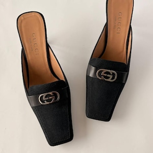 GUCCI women’s black textile mules/ linen and leather gg shoes/ kitten heels/ authentic & vintage /made in Italy/ US 6 B EU 37