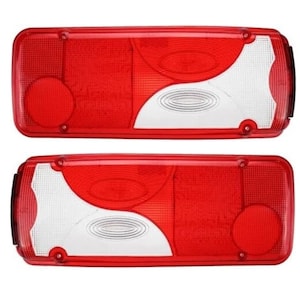 May include: A pair of red and white plastic taillights for a truck or van. The taillights have a unique design with multiple circular and oval-shaped lenses.
