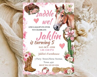 Plantilla editable de invitación de cumpleaños con temática de vaquera y caballos, diseño floral rosa (descarga digital)