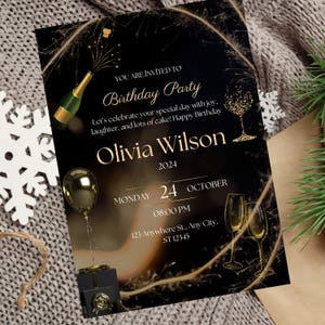 Digital Birthday Dinner Invitation Template, Black Tie Glam Invite, Animated Black Golden Diamond Evite For Men & Women, Self Editable eCard